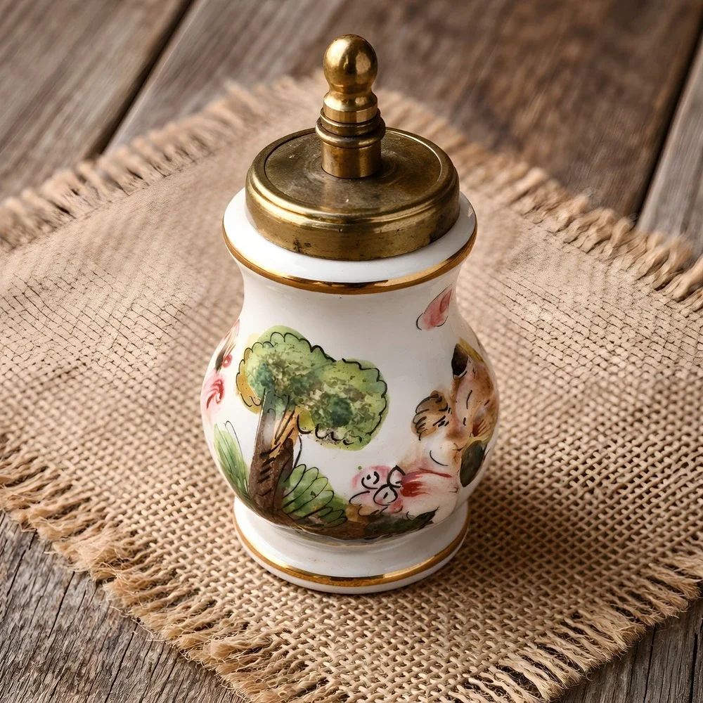 Capodimonte Porcelain Brass Salt Shaker Pepper Mill Cherubs Angels Italy Vintage